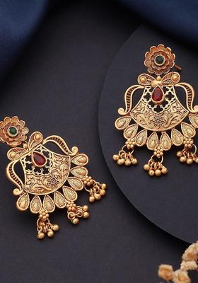 Gold Plated Alloy Green Artificial Stones And Beads Earrings