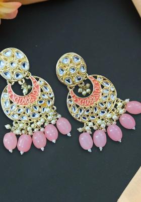 Gold Plated Alloy Peach Kundan Earrings