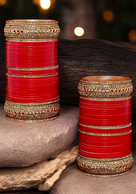Red CZ Stone Studded Punjabi Chuda Bridal Wedding Bangle Set