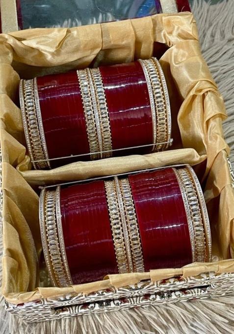 Women Gold Plated American Diamond Studded Bridal Wedding Chuda Bangles Set