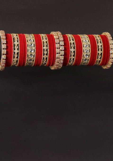 Set Of 70 Metal Velvet Bridal Chuda Stone Studded Bangles