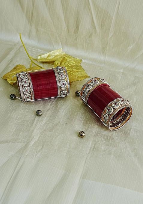 Pack Of 2 Women Kundan Pearl Work Wedding Red Bridal Chuda Set