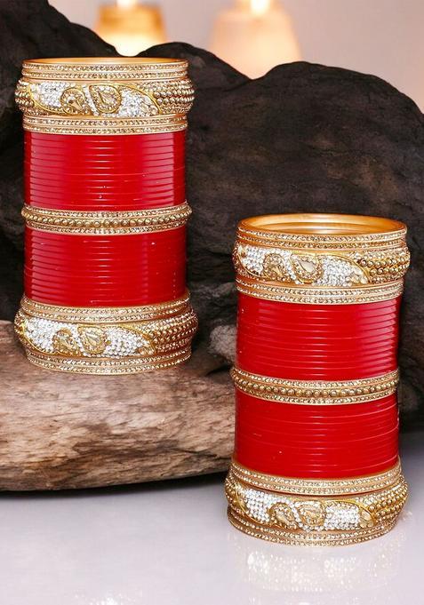 Red And Gold Toned AD Studded Bridal Wedding Punjabi Chuda Bangle Set