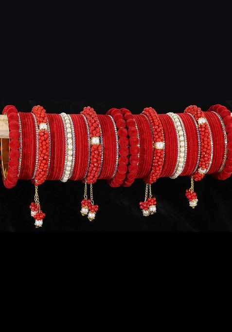 Set of 74 Stone Studded And Pearl Beaded Velvet Latkan Bridal Chuda Bangles