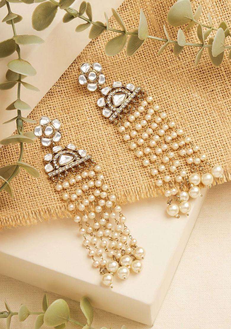 Gold-Plated Kundan Studded Contemporary Drop Earrings for Women | Traditional Ethnic Jewellery for Wedding & Festive Wear | Gift for Her - Indya