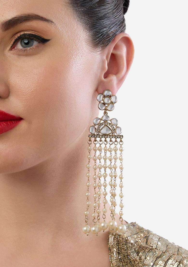 Gold-Plated Kundan Studded Contemporary Drop Earrings for Women | Traditional Ethnic Jewellery for Wedding & Festive Wear | Gift for Her - Indya