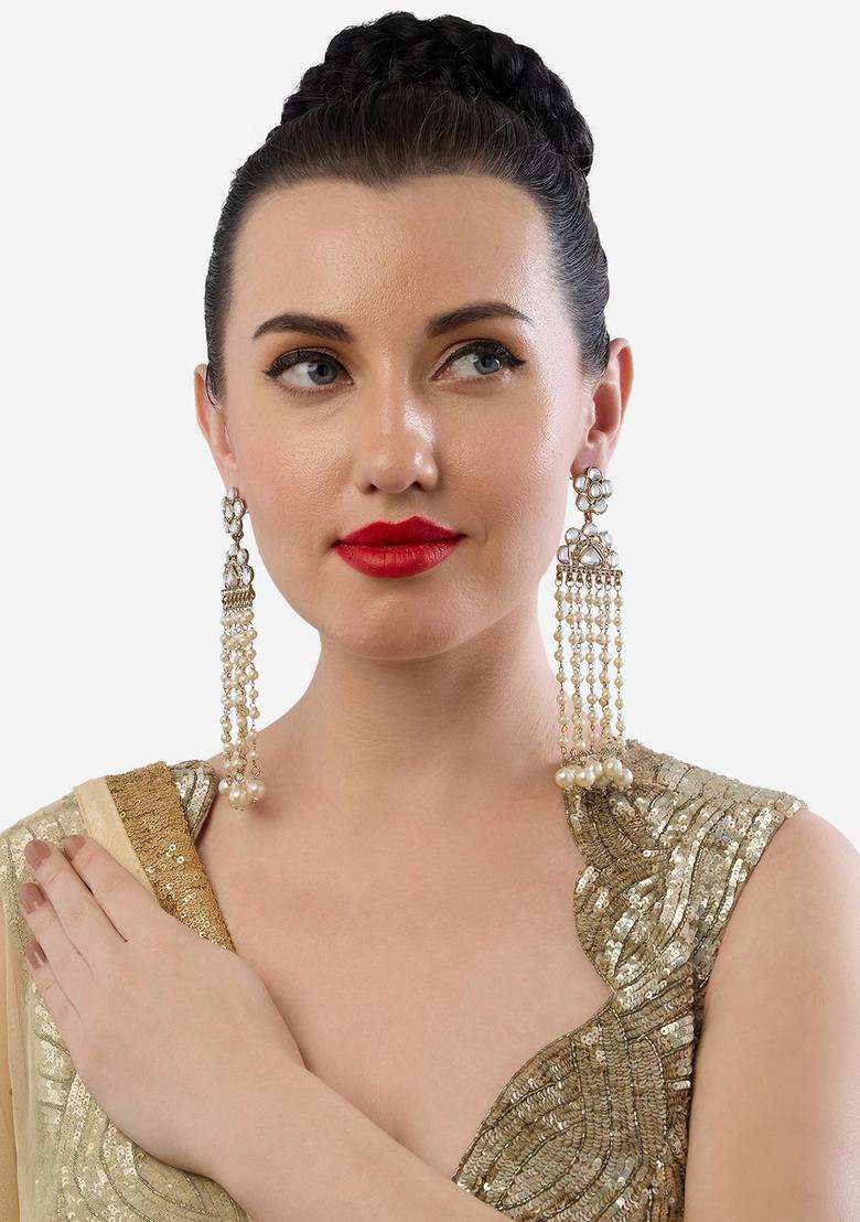 Gold-Plated Kundan Studded Contemporary Drop Earrings for Women | Traditional Ethnic Jewellery for Wedding & Festive Wear | Gift for Her - Indya