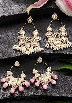 Set of 2 Gold-Plated Austrian Diamond Stone Studded & Beaded Drop Earrings for Women | Fusion Party & Festive Wear | Gift for Her