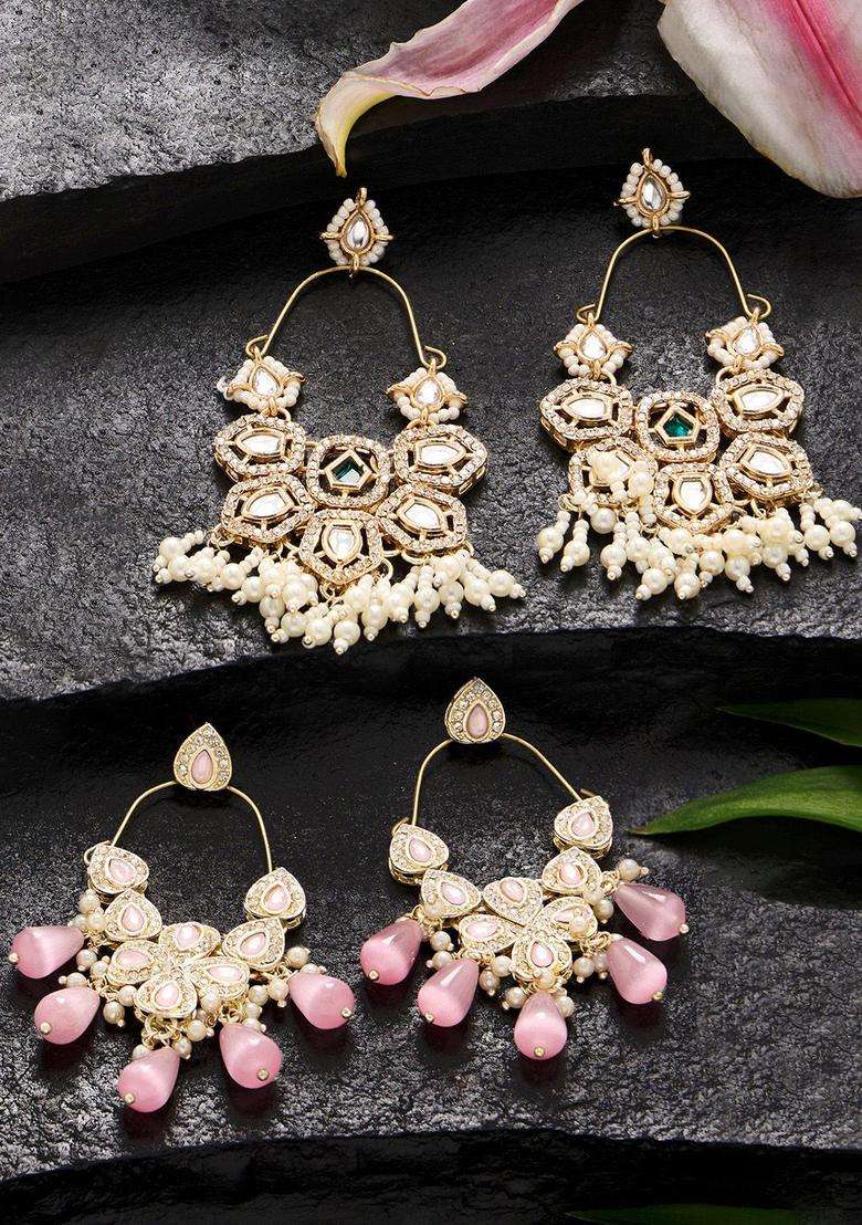 Set of 2 Gold-Plated Austrian Diamond Stone Studded & Beaded Drop Earrings for Women | Fusion Party & Festive Wear | Gift for Her - Indya