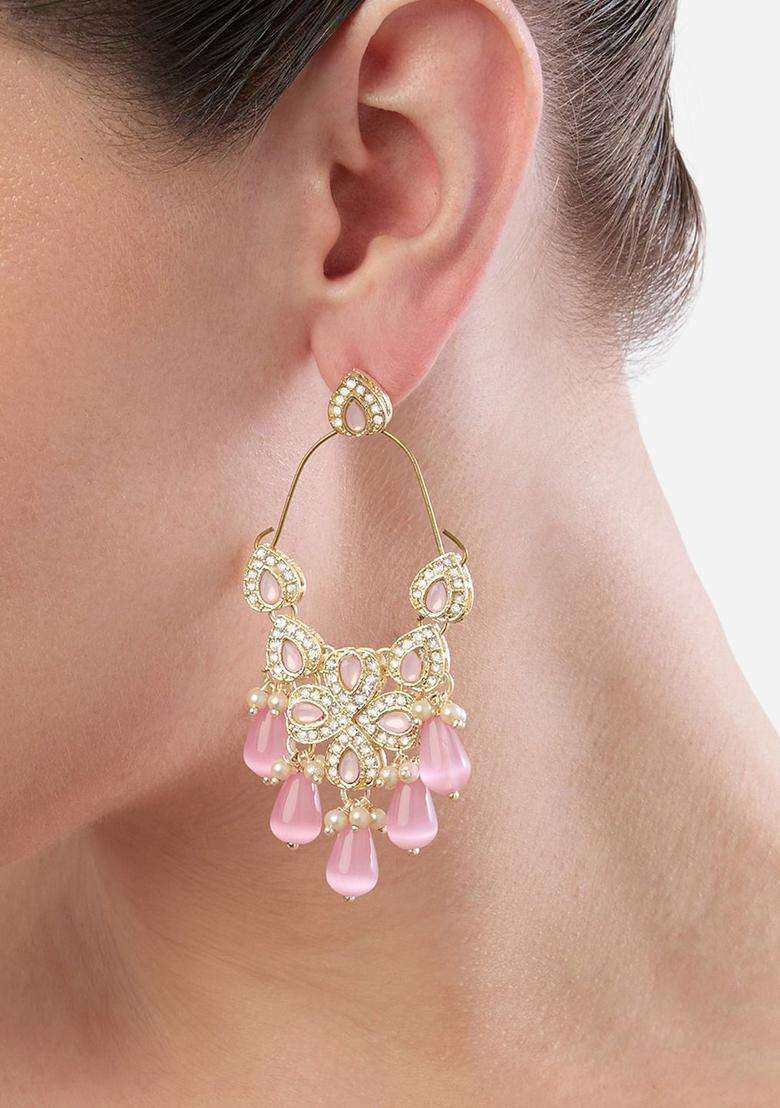Set of 2 Gold-Plated Austrian Diamond Stone Studded & Beaded Drop Earrings for Women | Fusion Party & Festive Wear | Gift for Her - Indya