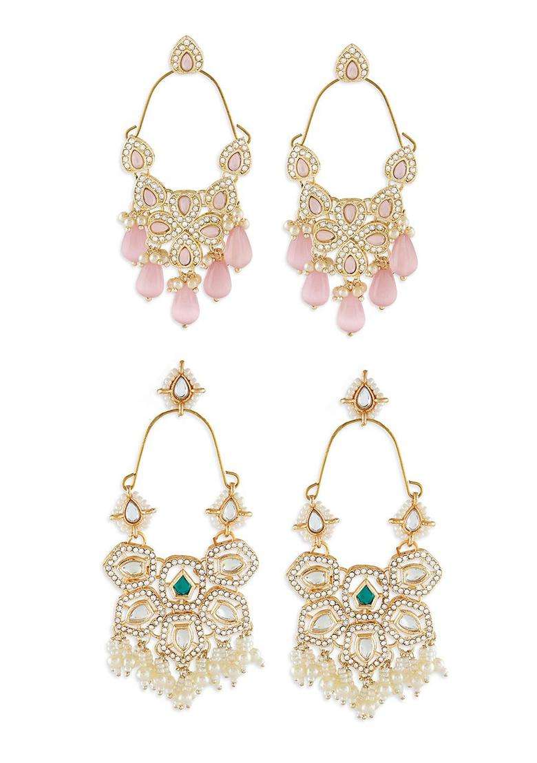 Set of 2 Gold-Plated Austrian Diamond Stone Studded & Beaded Drop Earrings for Women | Fusion Party & Festive Wear | Gift for Her - Indya