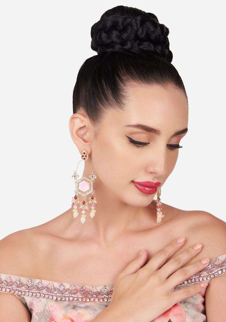 Gold-Plated Kundan Studded & Beaded Contemporary Drop Earrings for Women | Fusion Party & Festive Wear | Gift for Her - Indya