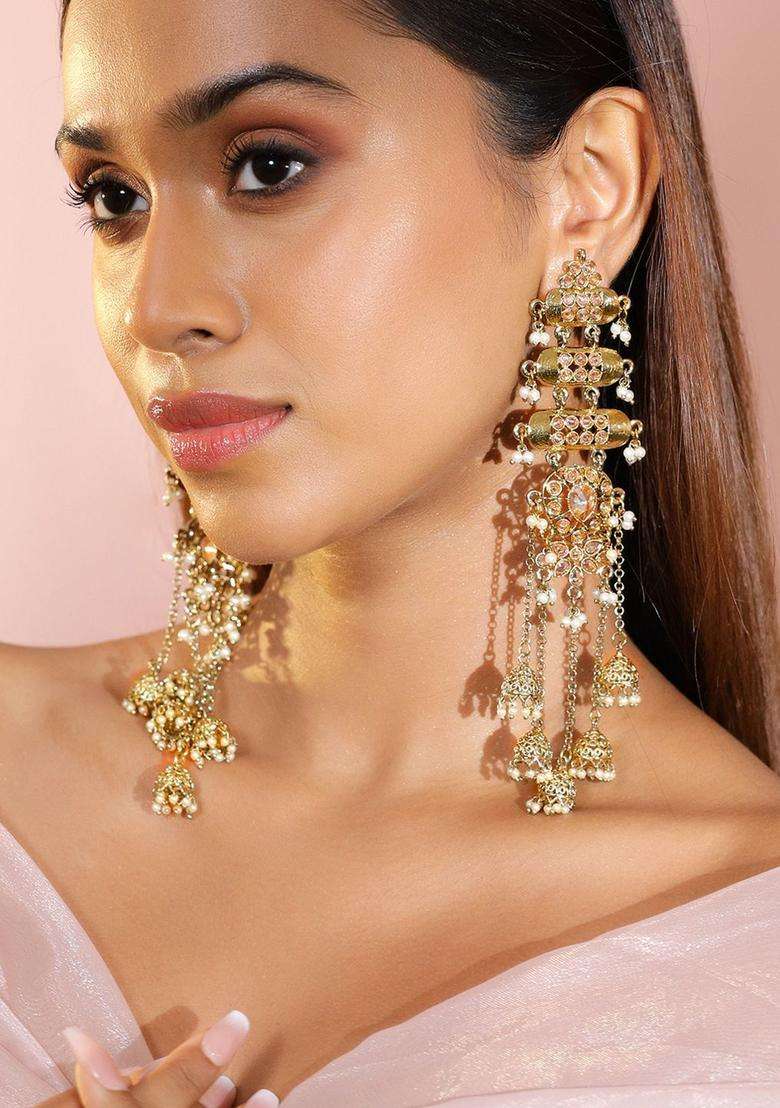18K Mehndi Gold-Plated Kundan Studded Layered Shoulder Duster Jhumka Earrings for Women | Fusion Party & Festive Wear | Gift for Her - Indya