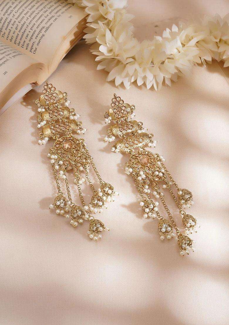 18K Mehndi Gold-Plated Kundan Studded Layered Shoulder Duster Jhumka Earrings for Women | Fusion Party & Festive Wear | Gift for Her - Indya