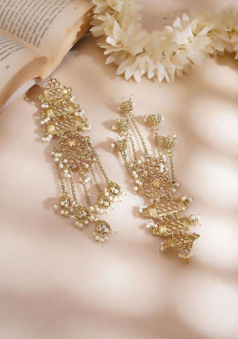 18K Mehndi Gold-Plated Kundan Studded Layered Shoulder Duster Jhumka Earrings for Women | Fusion Party & Festive Wear | Gift for Her - Indya