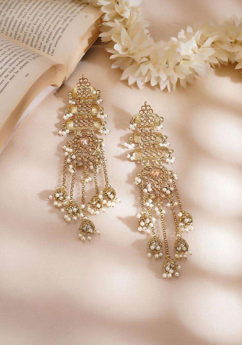 18K Mehndi Gold-Plated Kundan Studded Layered Shoulder Duster Jhumka Earrings for Women | Fusion Party & Festive Wear | Gift for Her - Indya