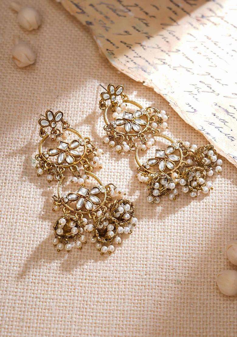 18K Mehandi Gold-Plated Pink & White Kundan Studded Chandbali-Jhumka Hybrid Earring for Women | Fusion Party & Festive Wear | Gift for Her - Indya