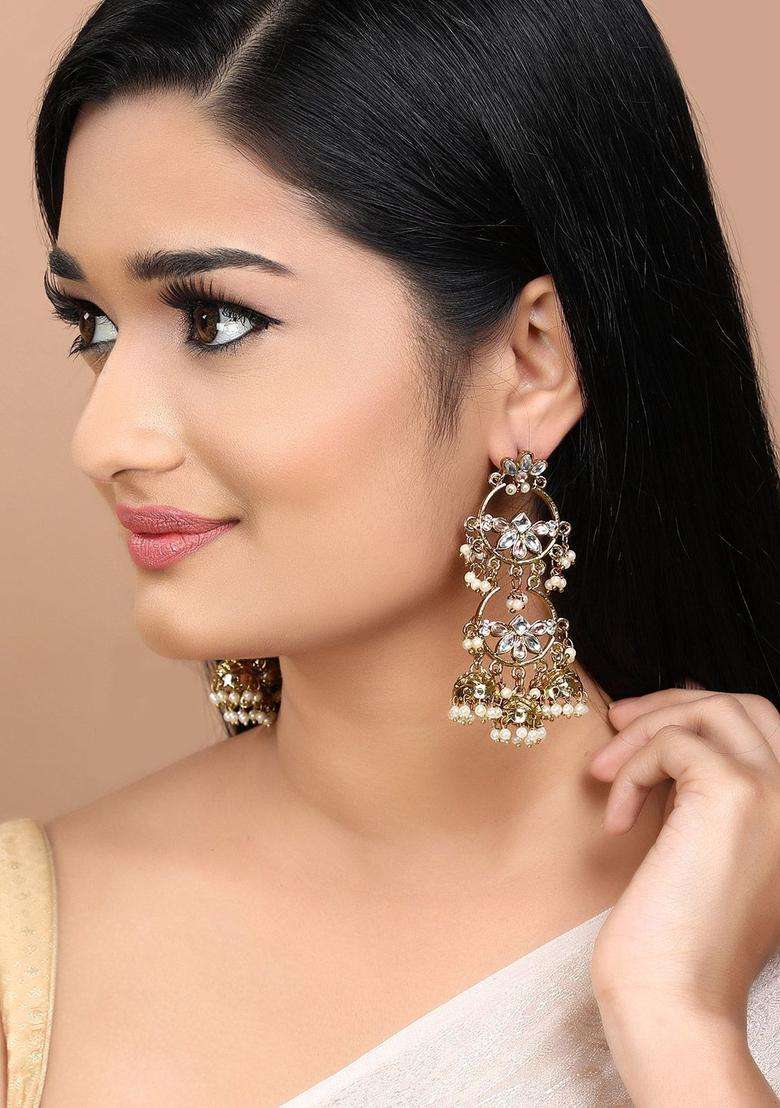 18K Mehandi Gold-Plated Pink & White Kundan Studded Chandbali-Jhumka Hybrid Earring for Women | Fusion Party & Festive Wear | Gift for Her - Indya