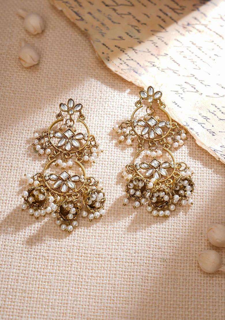 18K Mehandi Gold-Plated Pink & White Kundan Studded Chandbali-Jhumka Hybrid Earring for Women | Fusion Party & Festive Wear | Gift for Her - Indya