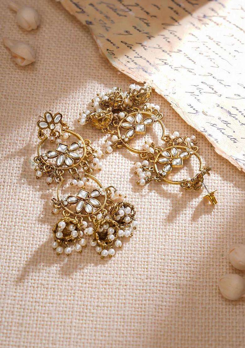 18K Mehandi Gold-Plated Pink & White Kundan Studded Chandbali-Jhumka Hybrid Earring for Women | Fusion Party & Festive Wear | Gift for Her - Indya