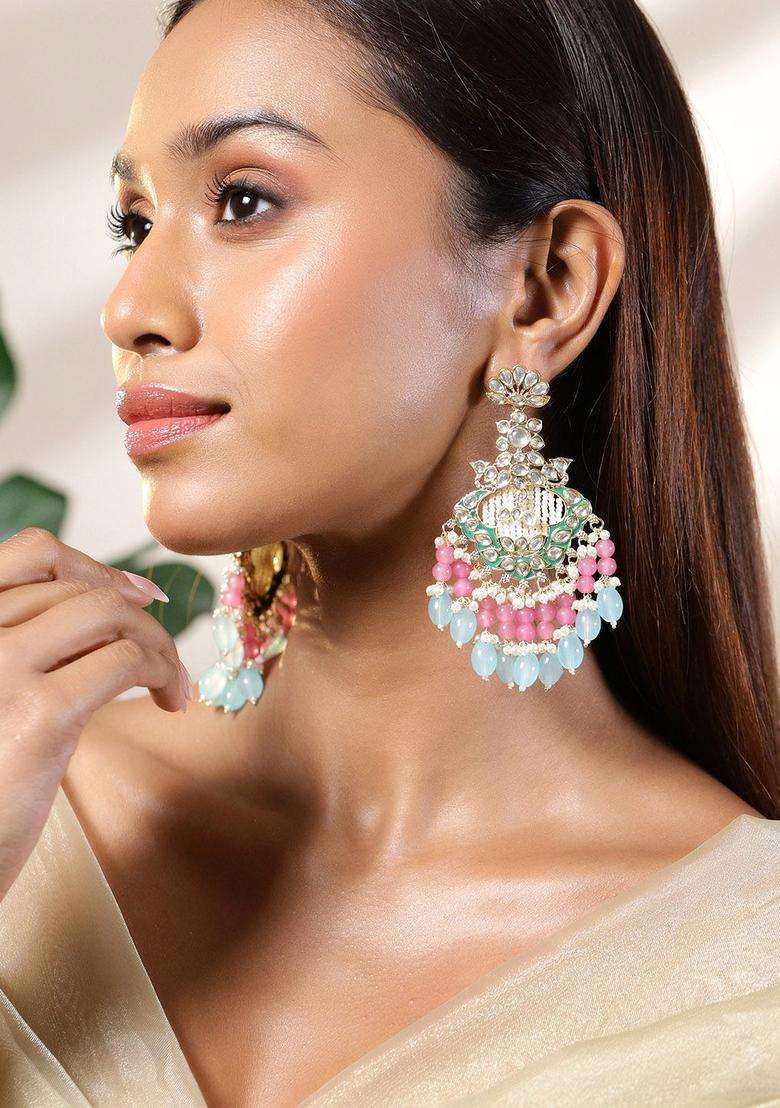 22K Gold-Plated Kundan & Green Enamel Chandbali Earrings with Pink & Aqua Blue Bead for Women | Traditional Ethnic Jewellery for Wedding & Festive Wear | Gift for Her - Indya