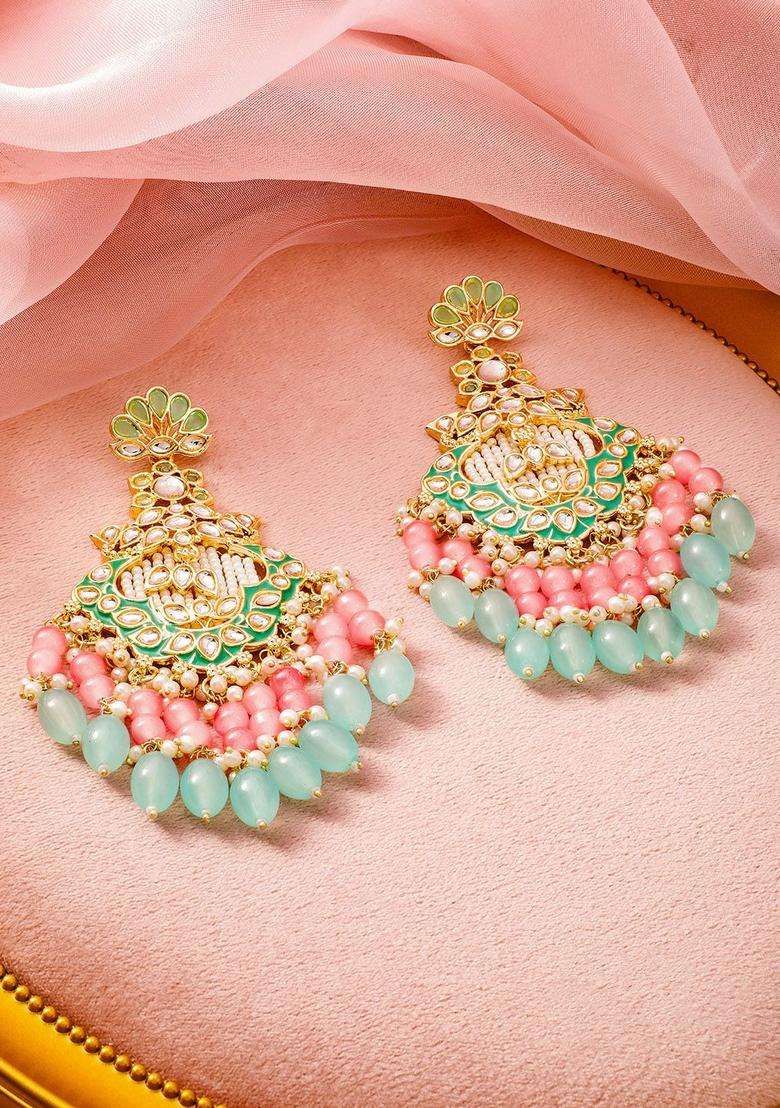 22K Gold-Plated Kundan & Green Enamel Chandbali Earrings with Pink & Aqua Blue Bead for Women | Traditional Ethnic Jewellery for Wedding & Festive Wear | Gift for Her - Indya