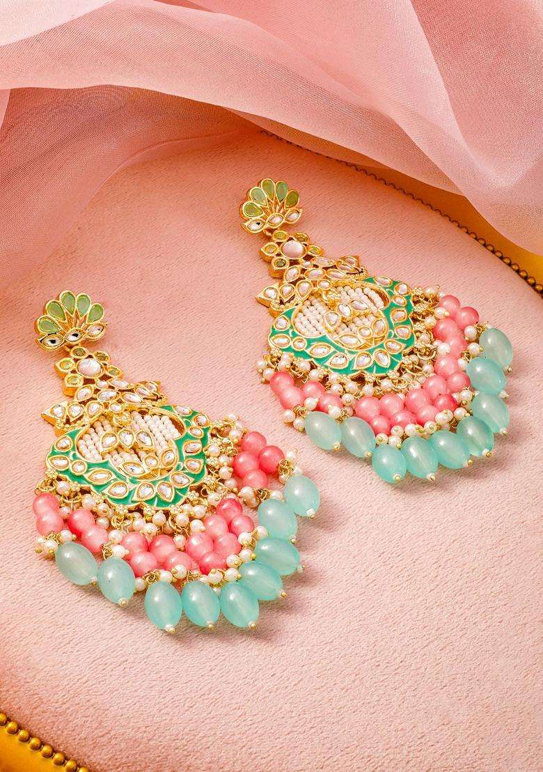 22K Gold-Plated Kundan & Green Enamel Chandbali Earrings with Pink & Aqua Blue Bead for Women | Traditional Ethnic Jewellery for Wedding & Festive Wear | Gift for Her - Indya