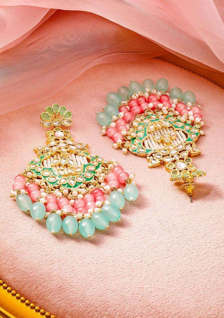 22K Gold-Plated Kundan & Green Enamel Chandbali Earrings with Pink & Aqua Blue Bead for Women | Traditional Ethnic Jewellery for Wedding & Festive Wear | Gift for Her - Indya