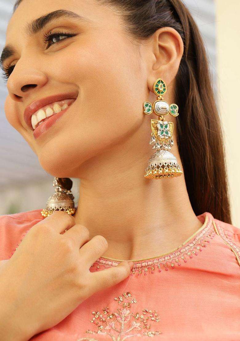 Silver & Gold Dual-Plated Oxidised Long Green Stone Jhumka with Gold & Silver Beads for Women | Fusion Party & Festive Wear | Gift for Her - Indya