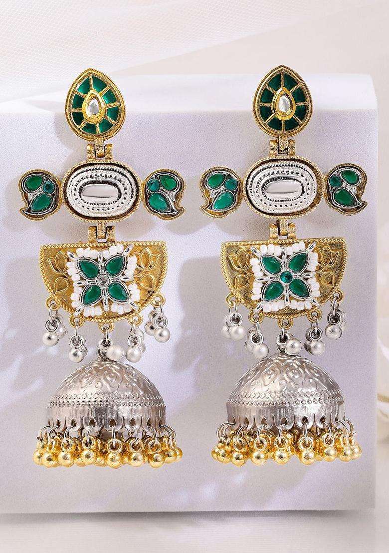 Silver & Gold Dual-Plated Oxidised Long Green Stone Jhumka with Gold & Silver Beads for Women | Fusion Party & Festive Wear | Gift for Her - Indya