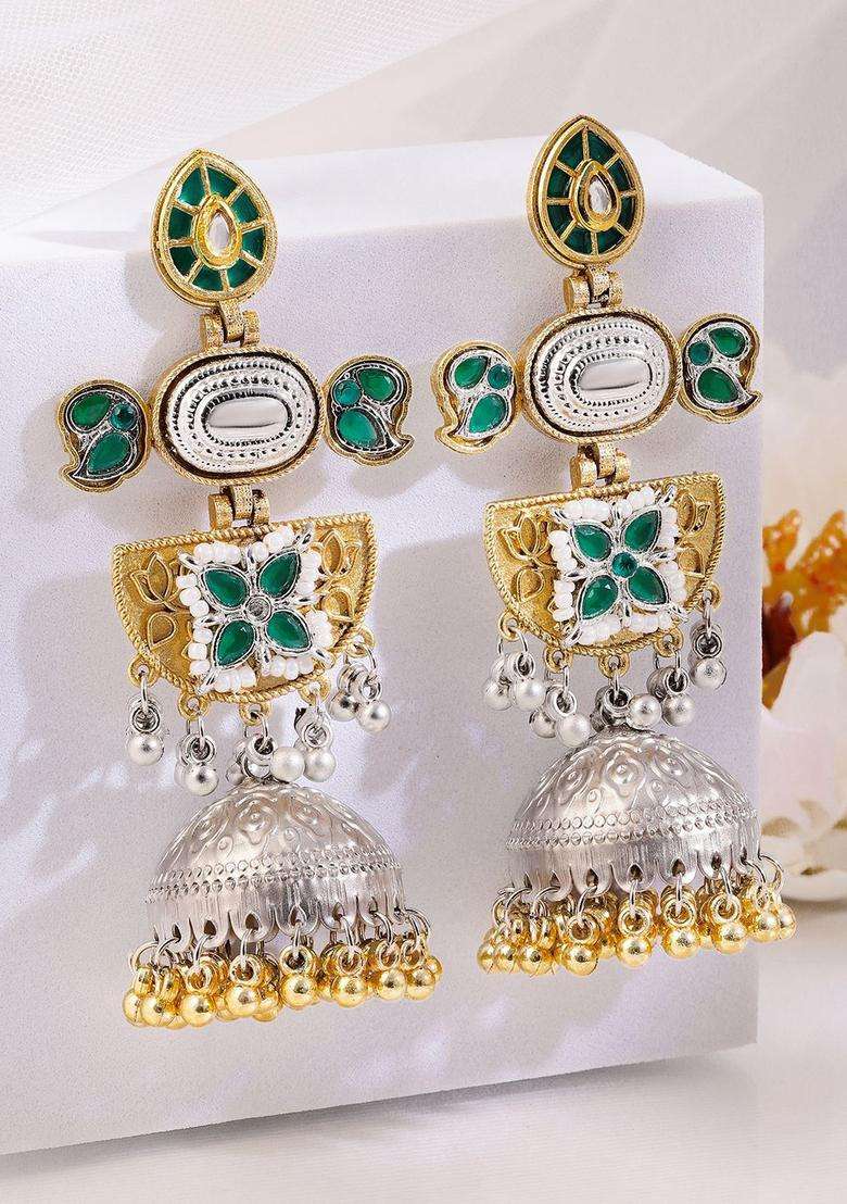 Silver & Gold Dual-Plated Oxidised Long Green Stone Jhumka with Gold & Silver Beads for Women | Fusion Party & Festive Wear | Gift for Her - Indya
