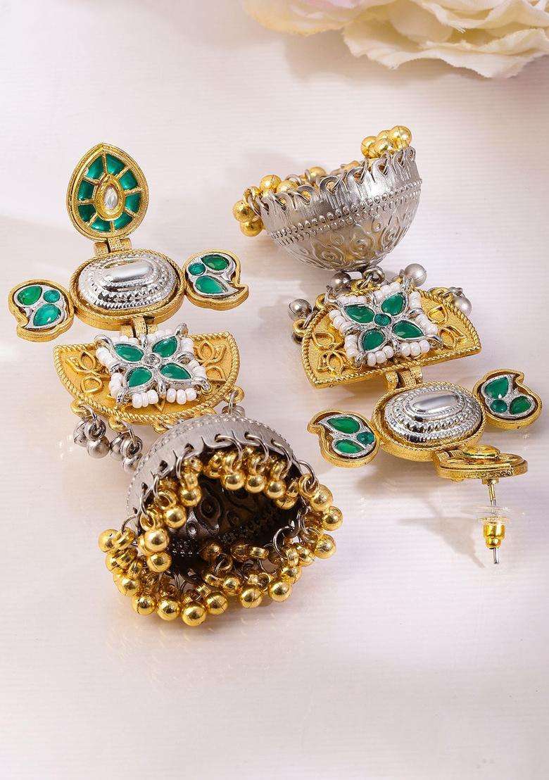 Silver & Gold Dual-Plated Oxidised Long Green Stone Jhumka with Gold & Silver Beads for Women | Fusion Party & Festive Wear | Gift for Her - Indya
