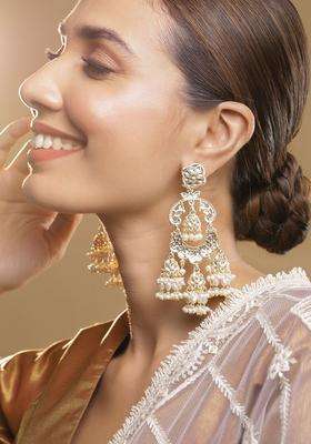 22K Gold-Plated Kundan & Pearl Studded Oversized Dangle Jhumka Earrings for Women | Fusion Party & Festive Wear | Gift for Her