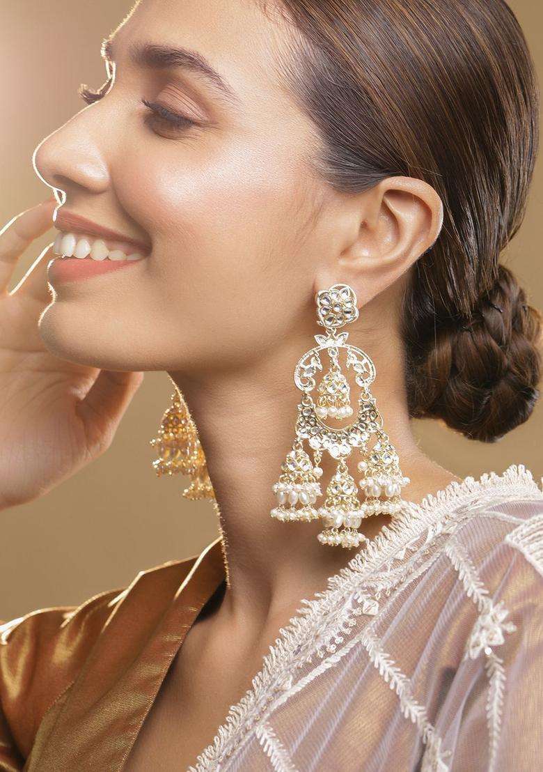 22K Gold-Plated Kundan & Pearl Studded Oversized Dangle Jhumka Earrings for Women | Fusion Party & Festive Wear | Gift for Her - Indya
