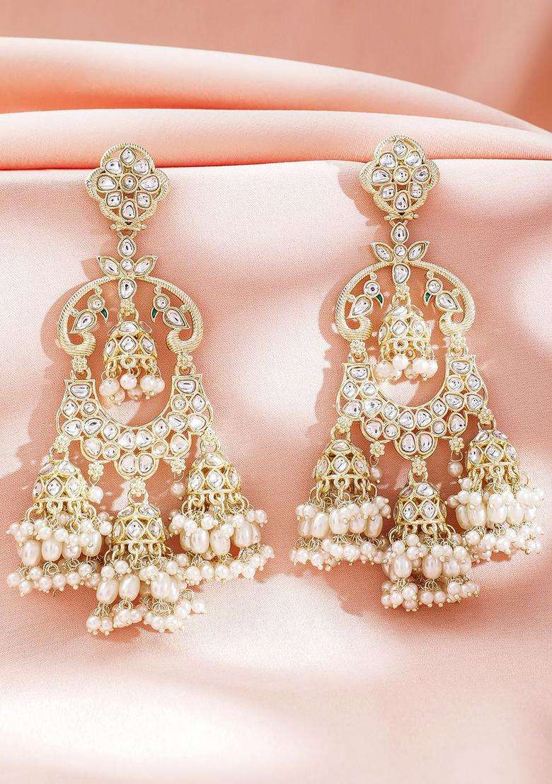 22K Gold-Plated Kundan & Pearl Studded Oversized Dangle Jhumka Earrings for Women | Fusion Party & Festive Wear | Gift for Her - Indya
