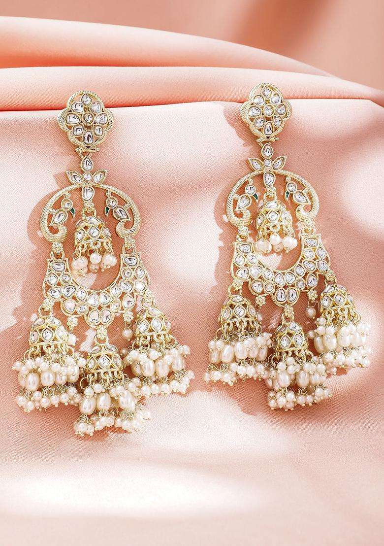 22K Gold-Plated Kundan & Pearl Studded Oversized Dangle Jhumka Earrings for Women | Fusion Party & Festive Wear | Gift for Her - Indya