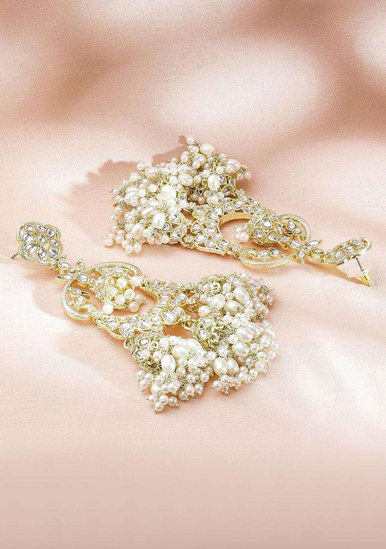 22K Gold-Plated Kundan & Pearl Studded Oversized Dangle Jhumka Earrings for Women | Fusion Party & Festive Wear | Gift for Her - Indya
