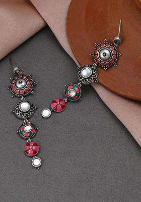 Silver-Plated Folklore Enamelled Circular Long Drop Earrings for Women | Fusion Party & Festive Wear | Gift for Her