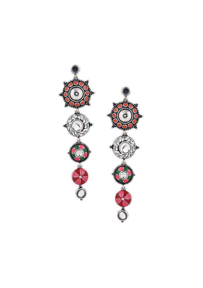 Silver-Plated Folklore Enamelled Circular Long Drop Earrings for Women | Fusion Party & Festive Wear | Gift for Her - Indya