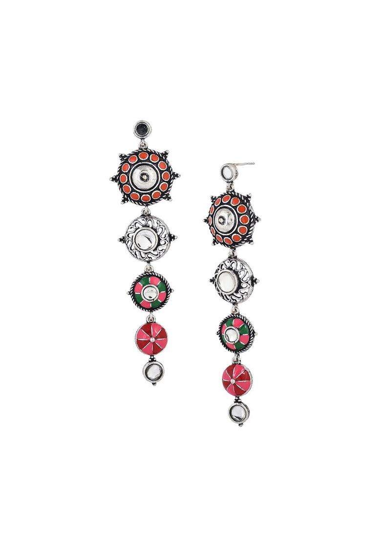 Silver-Plated Folklore Enamelled Circular Long Drop Earrings for Women | Fusion Party & Festive Wear | Gift for Her - Indya