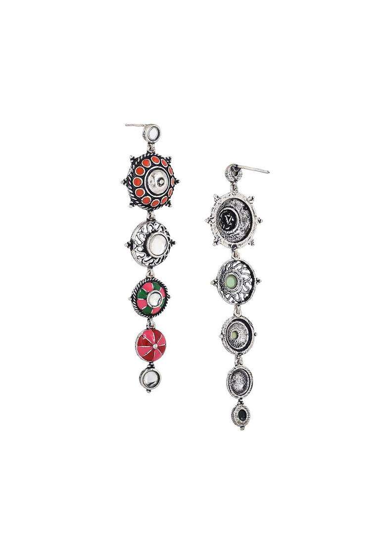 Silver-Plated Folklore Enamelled Circular Long Drop Earrings for Women | Fusion Party & Festive Wear | Gift for Her - Indya