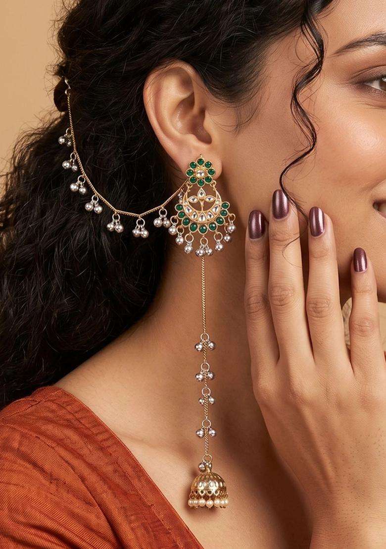 Gold-Plated Crescent Shaped Jhumkas Earrings with Kundan for Women | Traditional Ethnic Jewellery for Wedding & Festive Wear | Gift for Her - Indya