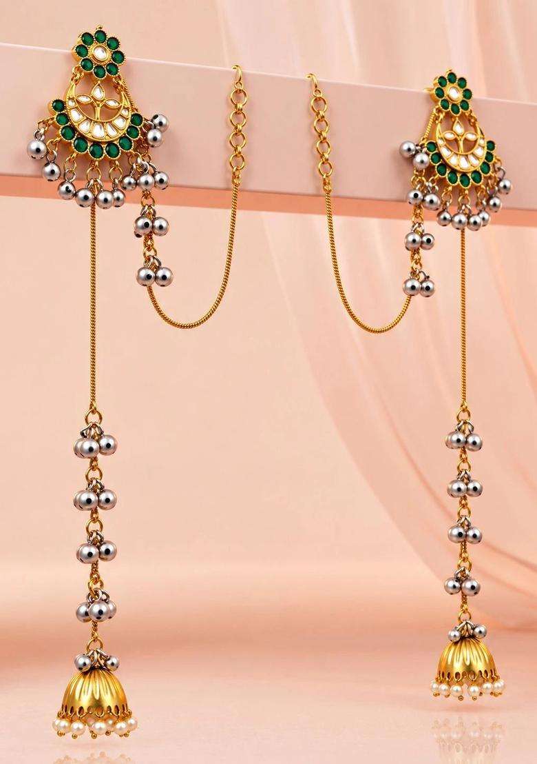Gold-Plated Crescent Shaped Jhumkas Earrings with Kundan for Women | Traditional Ethnic Jewellery for Wedding & Festive Wear | Gift for Her - Indya
