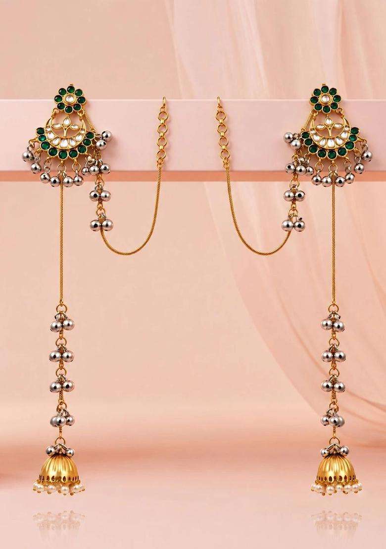 Gold-Plated Crescent Shaped Jhumkas Earrings with Kundan for Women | Traditional Ethnic Jewellery for Wedding & Festive Wear | Gift for Her - Indya