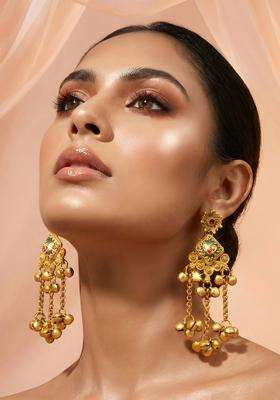 Gold-Plated Traditional Stone Studded Long Kashmiri Drop Earrings with Ghungroo for Women | Traditional Ethnic Jewellery for Wedding & Festive Wear | Gift for Her