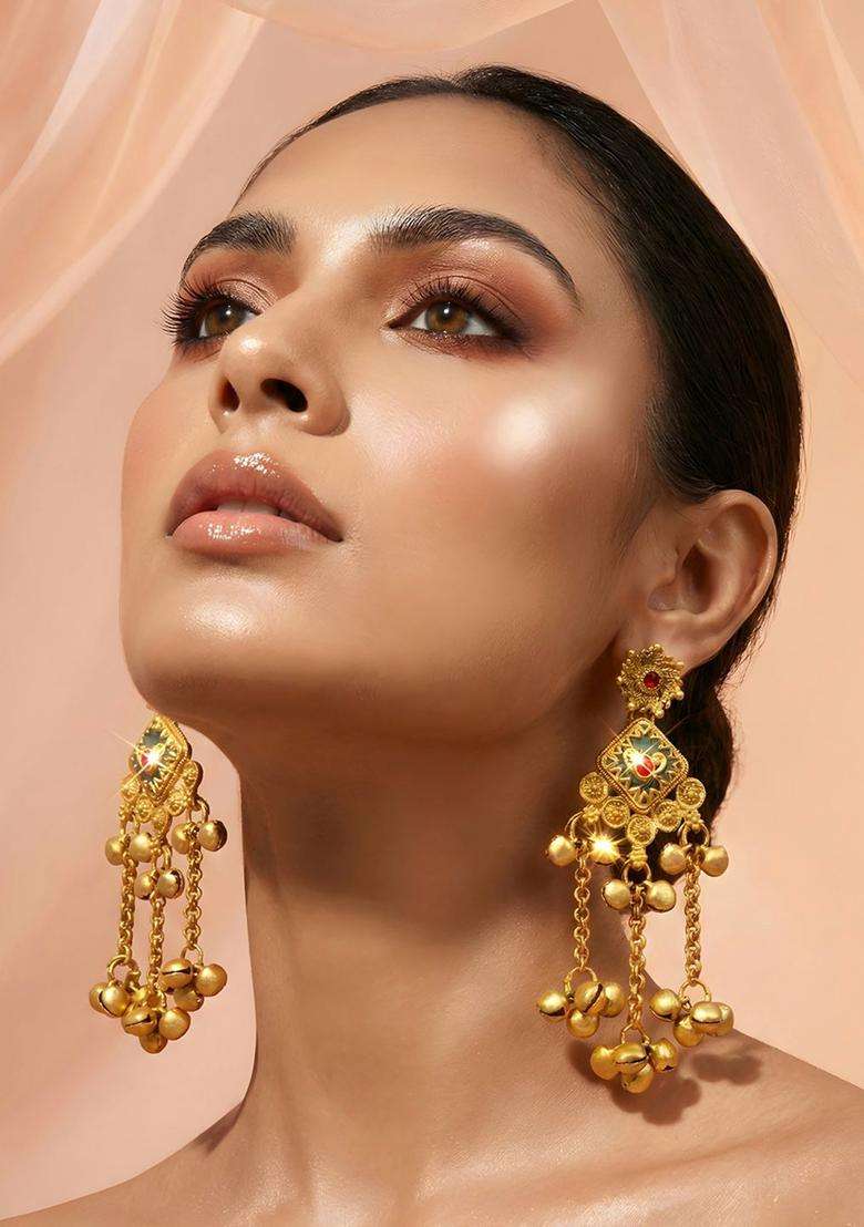 Gold-Plated Traditional Stone Studded Long Kashmiri Drop Earrings with Ghungroo for Women | Traditional Ethnic Jewellery for Wedding & Festive Wear | Gift for Her - Indya