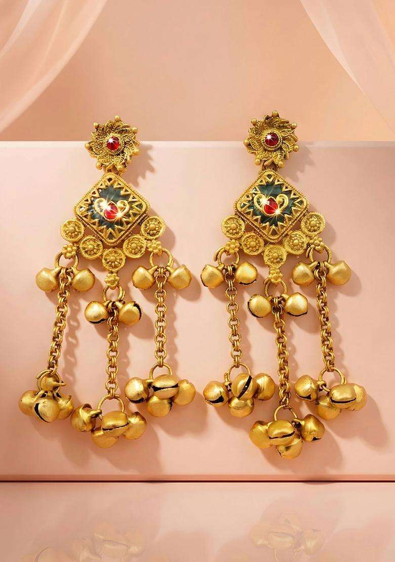 Gold-Plated Traditional Stone Studded Long Kashmiri Drop Earrings with Ghungroo for Women | Traditional Ethnic Jewellery for Wedding & Festive Wear | Gift for Her - Indya