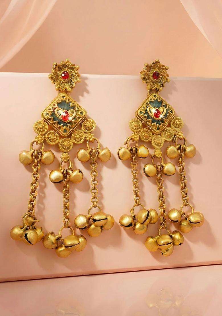 Gold-Plated Traditional Stone Studded Long Kashmiri Drop Earrings with Ghungroo for Women | Traditional Ethnic Jewellery for Wedding & Festive Wear | Gift for Her - Indya