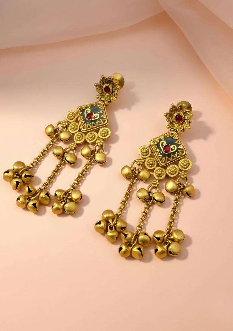 Gold-Plated Traditional Stone Studded Long Kashmiri Drop Earrings with Ghungroo for Women | Traditional Ethnic Jewellery for Wedding & Festive Wear | Gift for Her - Indya