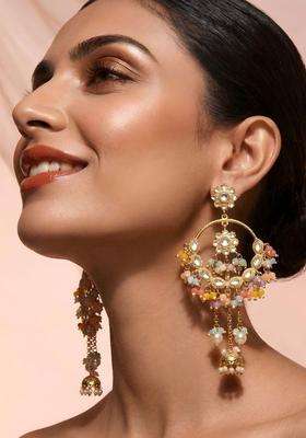 Gold-Plated Multicolour Beaded Embellished Chandbali Kashmiri Jhumka Earrings with Kundan for Women | Traditional Ethnic Jewellery for Wedding & Festive Wear | Gift for Her